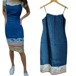 BOHO Denim Dress Blue Hawaiian Beach Y2K Vintage Midi Spaghetti Straps Fitted